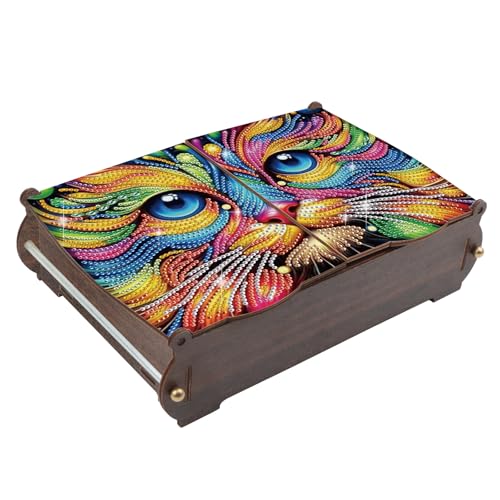 MVVMTOP Diamond Painting Kit Wooden Storage Box, Colorful cat DIY Special Shaped Diamond Flip Cover Wooden Money Box, Handmade Art Desktop Decorations Birthday Gifts for Friends - color: colorful cat