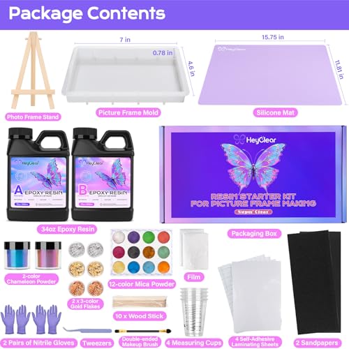 HeyClear Epoxy Resin Picture Frame Silicone Mold Kit -34 oz Super Clear and Hard Resina Complete Craft Accessories and Supplies Set for Casting Art, DIY Photo Gifts - size: 34 oz Frame Kit