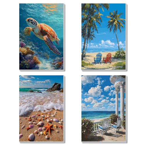 4 Pack Beach Framed Paint By Numbers Kit for Adults Beginner Sea Turtle Adult Paint By Number Kits on Canvas Painting By Numbers for Adults with Frame Diy Painting Kits for Home Wall Art 8x12 Inch - color: NZT3942, size: 8x12 Inch