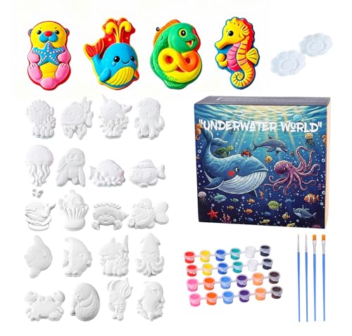 GloomGlo Kids Ocean Theme Paint Set - 24 Sea Creatures Plaster Painting Kit with Paint Colors, Brushes & Palettes | Kids Arts Crafts Supplies