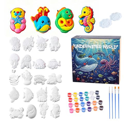 GloomGlo Kids Ocean Theme Paint Set - 24 Sea Creatures Plaster Painting Kit with Paint Colors, Brushes & Palettes | Kids Arts Crafts Supplies