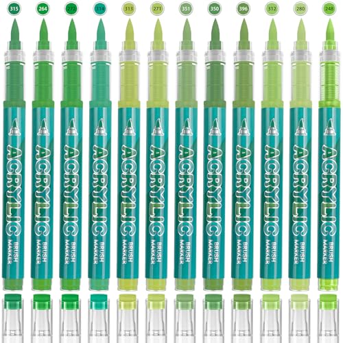12 Colors Acrylic Paint Pens - Green Paint Pens Markers, Brush Tip & Direct Ink Flow Suitable for Stone,Paper,Wood,Glass,Fabric Paint,DIY Crafts (Green) - color: Green