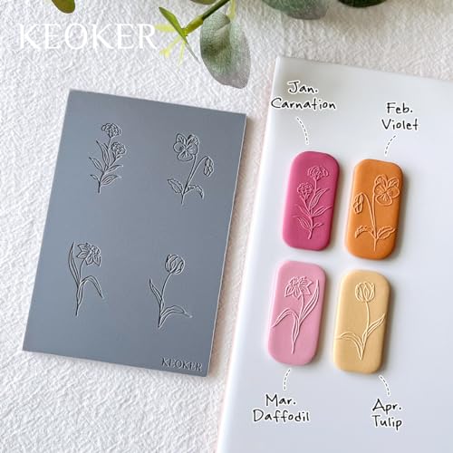 Keoker Polymer Clay Texture Sheets, Birth Month Flower Clay Texture Mat for Making Earrings Jewerly, Polymer Clay Earrings Tools, Floral Clay Texture Stamps