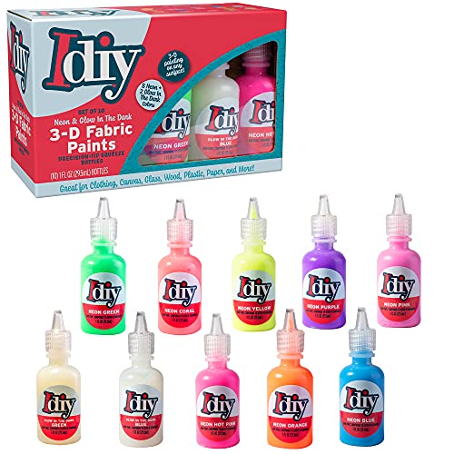 3D Fabric Paint (Neon & Glow in the Dark, 10 Colors, 1oz Each) Permanent Non-Toxic 3D Fabric Paint for Clothes, Glass, Wood & More- Summer Camp Crafts, DIY Gifts, Cards, Decorations & Art Projects - color: Neon + Glow