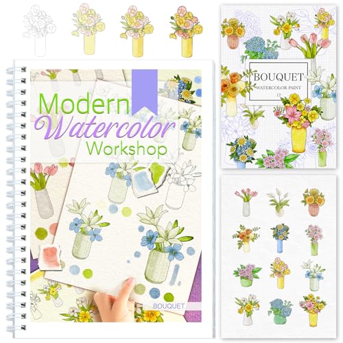 Watercolor Workbook with Step-by-Step - 12 Watercolor Coloring Pages - 100% Cotton 300gsm/140lb Watercolor Paper - Gift for Women, Adults, Beginners (Bouquet) - style: Bouquet