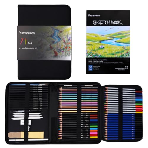 Yucanuva 71Pack Drawing Supplies Sketching Kit,Art Supplies for Adults Artists Beginners,Drawing Kit Sketching Pencils with Sketchbook, Colored Watercolor Metallic Graphite Charcoal Pencils