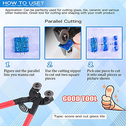 Glarks 8 Pieces Mosaic Tools Set, Heavy Duty Double Wheeled Glass Mosaic Tile Cut Nippers with Scrapers, Tweezers, Double-Ended Hook, Spatula, Sponge