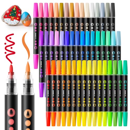 SUNEE 48 Colors Acrylic Paint Markers, Dual Tip Bullet & Brush Paint Pens with Automatic Ink Control System, Art Supplies for Adults & Teens, for Rock, Wood, Canvas, Glass Creative Projects - color: 48 colors bullet&brush tips