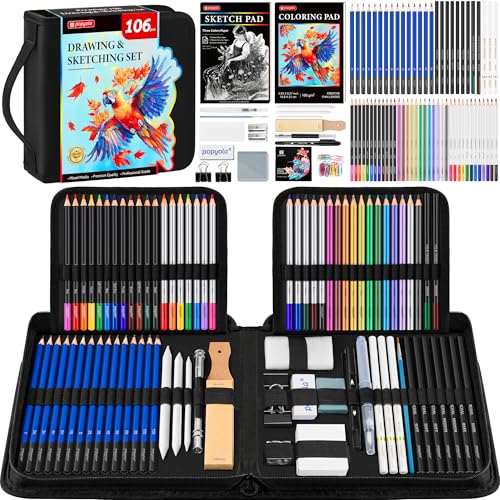 106 Pack Art Supplies Sketching Kit with 3-Color Sketchbook, Coloring Book, Tutorial, Graphite Colored Charcoal Watercolor & Metallic Pencils, Drawing Supplies Gift Case for Artists Beginners Adults - color: Black, size: 106 Pack