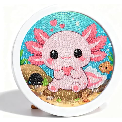 Axolotl Diamond Art Kits for Kids with Round Frame, Cute Animal Diamond Art for Kids Ages 4-8-12, Easy Small Kid Gem Painting Kit for Gift Home Wall Decoration (8x8inch) - color: CC1126-US