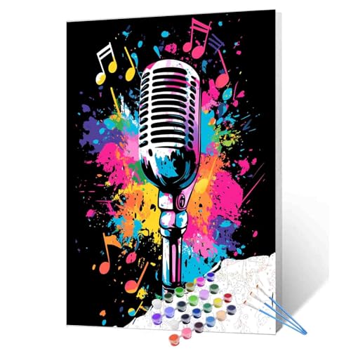 DIY Paint by Numbers, Colorful Microphone,Canvas Oil Painting Kit for Kids&Adults,16x20inch Drawing Paintwork Acrylic Pigment,for Home Living Room Hallway Decorative Painting Without Frame - color: Music-15, size: 16''x20''(Frameless)