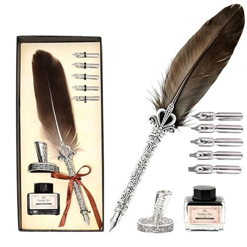 Joyeee Grey Writing Quill and Ink Set, With Elegant Antique Feather Fountain Dip Pen, Black Ink Pot, Stainless Steel Nibs, Collectible Keepsake Gift Box, Nice Luxury Office Gift for Colleagues Clients - color: Grey Quill Pen Set