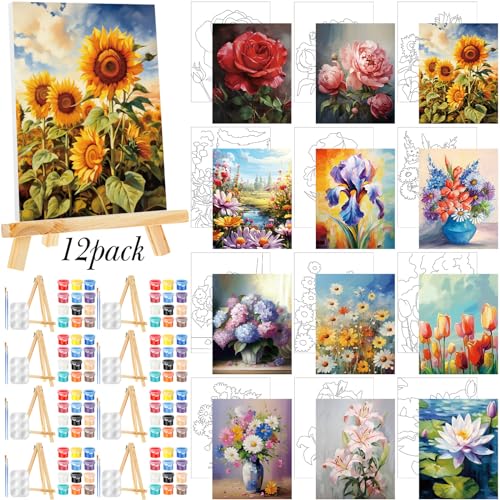 Zhanmai 72 Pcs 12 Sets Sip and Paint Kit Pre Drawn Canvas for Painting 8" x 10" Paint Party Canvas Painting Pre Printed Canvases for Party Favor DIY Virtual Adult's Date Night(Plant) - style: Flower