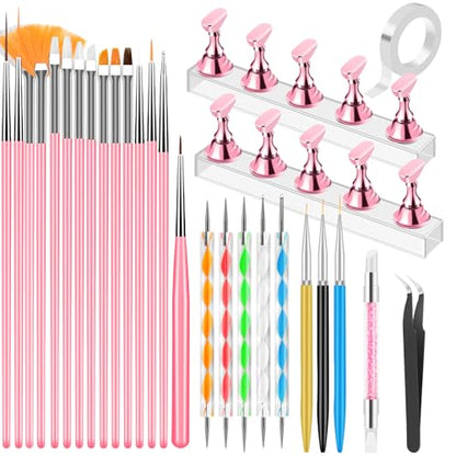 YOOVR Nail Art Tools Set, Nail Stand for Press on Holder for Painting Nails, Nail Art Brushes, Liner Brushes, Nail Dotting Tool, Must Haves Design Tools Supplies Kit for Nail Tech & Beginners (Pink) - color: Pink