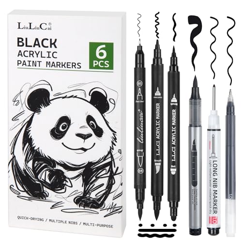 LIULIUCAI 6 Pcs Black Paint Pens– Fine Point Black Gel Pens, Dual-Tip Acrylic Paint Markers, Long Nib Alcohol Marker, Brush Tip Black Markers for Coloring Drawing Sketching Calligraphy Rock Painting