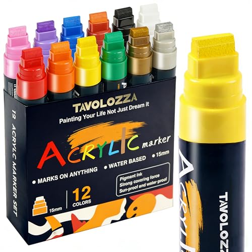 Jumbo Markers 12 Colors, Graffiti Markers-Include Gold Silver, 15MM Felt Tip Acrylic Paint Marker, Thick Jumbo Marker for Posters Board, Fabric, Canvas, Window, Wood, Teachers, Banner, Glass - color: Multicolor