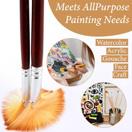COMNICO 42 Pcs Fan Paint Brushes, Professional Artist Painting Brush Set Soft Nylon Hair Brush Long Wooden Handle for Artists Acrylic Watercolor Oil Painting