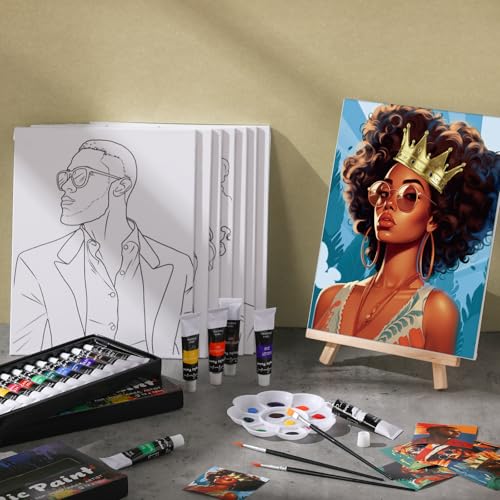 Cholemy 36 Pcs Paint and Sip Kit for Adults 8''x10'' Pre Drawn Canvas for Painting DIY Afro Acrylic Painting Kit Wood Easel Brushes Date Night Bulk for Summer 4th of July Party Gift(Black Women) - style: Black Women