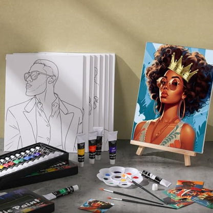 Cholemy 36 Pcs Paint and Sip Kit for Adults 8''x10'' Pre Drawn Canvas for Painting DIY Afro Acrylic Painting Kit Wood Easel Brushes Date Night Bulk for Summer 4th of July Party Gift(Black Women) - style: Black Women