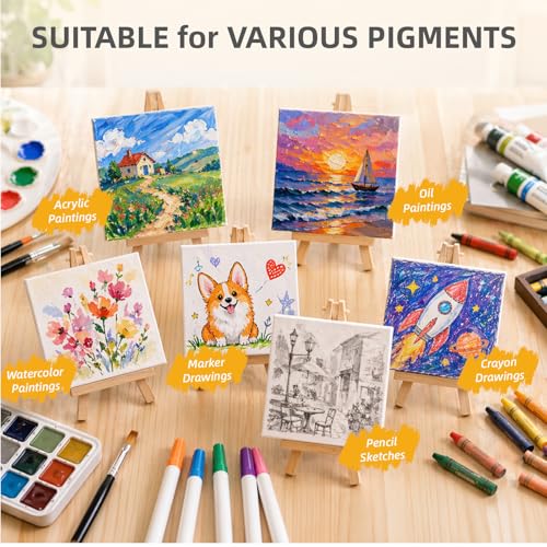 CONDA 24 Pack 4x4 Inch Mini Blank Canvas for Painting, 100% Cotton Stretched Canvas with Pinewood Frame, Acid-Free Primed Mini Square Canvas for Acrylic Oil Painting, Classroom Art & Party Decor