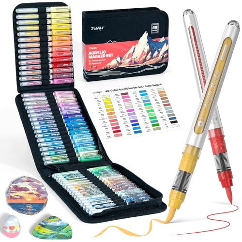 JusArt 48 Colors Acrylic Paint Markers with Canvas Bag, Water-Based No-Bleed Paint Pens with Automatic Ink Control, Waterproof Brush Tip Markers for DIY Art & Crafts -Fabric, Rock, Wood, Glass, Metal - color: 48 Colors