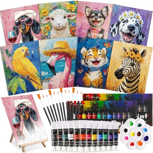 Cholemy 36 Pcs Paint and Sip Kit for Adults 8''x10'' Pre Drawn Canvas for Painting DIY Afro Acrylic Painting Kit Wood Easel Brushes Date Night Bulk for Summer 4th of July Party Gift(Flower Animals A) - style: Flower Animals A