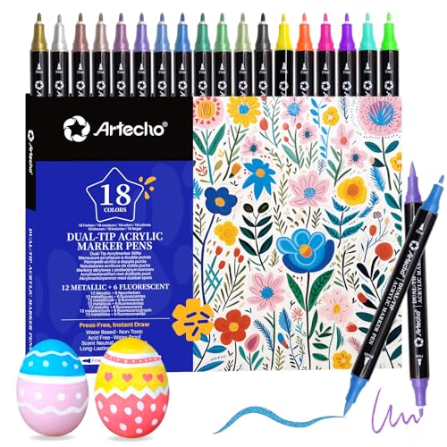 Artecho Acrylic Paint Markers 18 Colors include 12 Metallic + 6 Fluorescent Colors, for Stone, Rock Painting, Paper, Pumpkin, Wood, Egg, Canvas, Ceramic, Fabric, leather, Glass, DIY Crafts - color: 12 Metallic + 6 Fluorescent Colors