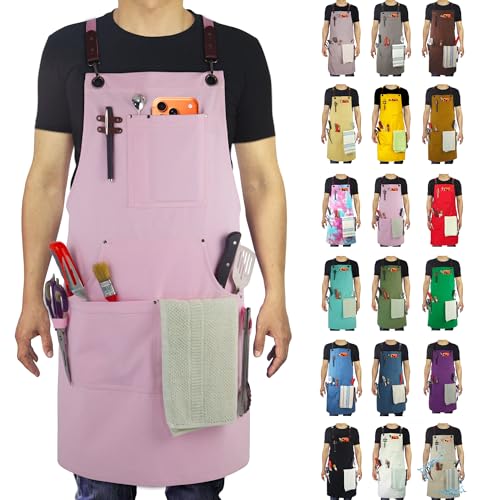 Kitchen Apron, Work Apron, Canvas, Multiple Pockets, Gardening, Painting, BBQ, Artist, Carpenter, Sizes M to XXL, Pink - color: Pink