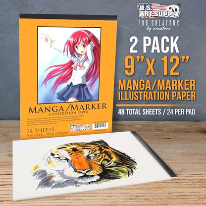 U.S. Art Supply 9" x 12" Premium Manga Marker Paper Pad (2 Pack, 48 Sheets Total) - 60lb (100gsm) Drawing Sketchbook for Alcohol & Acrylic Paint Markers - size: 9" x 12"