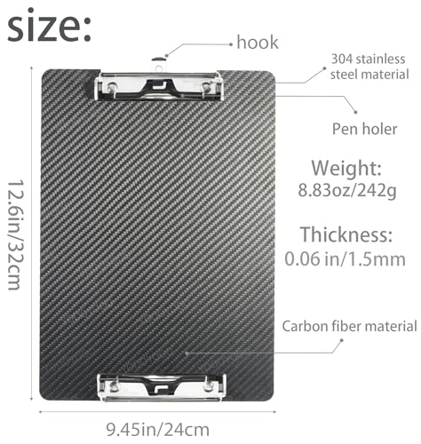 Letter Size/A4 Super Hard&Portable Carbon Fiber Clipboard with Hook&Pen Holder,Strong Low Profile Clip,Dry Carbon Clip Board,Writing Board (2 * 304 Stainless Steel Clip, 9.4 * 12.6 * 0.06inchs) - color: 304 Stainless Steel Clip, size: 9.4*12.6*0.06inch+2C