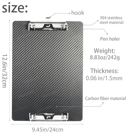 Letter Size/A4 Super Hard&Portable Carbon Fiber Clipboard with Hook&Pen Holder,Strong Low Profile Clip,Dry Carbon Clip Board,Writing Board (2 * 304 Stainless Steel Clip, 9.4 * 12.6 * 0.06inchs) - color: 304 Stainless Steel Clip, size: 9.4*12.6*0.06inch+2C