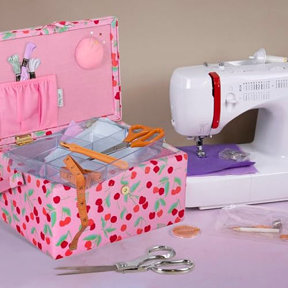 Hobby Gift Medium Sewing Box Organiser, Fabric Covered Storage Box with Handle, Internal Tray, Pin Cushion and Pocket for Sewing, Quilting and Knitting Supplies - color: Cherries