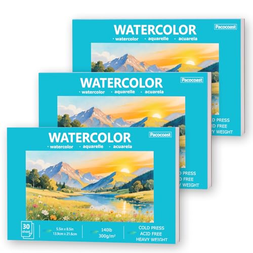 Pacocoast Water Color Paper Bulk, 5.5"x8.5" Art Sketch Book, Pack of 3 (90 Sheets), (140lb/300g) Artist Watercolor Drawing Paper for Adults, Watercolor Pad for Paint, Pencil, Pastel, Crayon - color: Teal, size: 5.5"x8.5"(Pack of 3)