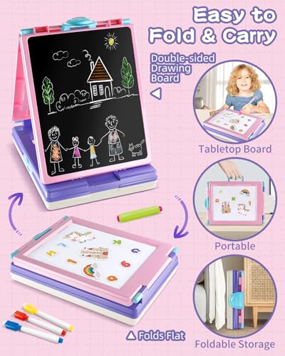 Elovien Easel for Kids, 4 in 1 Double Sided Toddler Art Easel with Chalkboard & Magnetic Whiteboard, Foldable Kid Tabletop Easel with Drawing & Writing Accessories - Educational Gift for Girl (Purple) - color: Purple