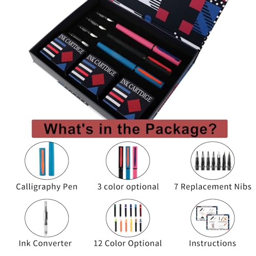 Calligraphy Pen Set,Fountain Pens with 7 Different Replaceable Nibs with 60 Ink Cartridges(12 Colors),Calligraphy Set for Beginner Writing Drawing