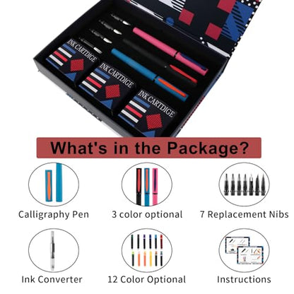 Calligraphy Pen Set,Fountain Pens with 7 Different Replaceable Nibs with 60 Ink Cartridges(12 Colors),Calligraphy Set for Beginner Writing Drawing