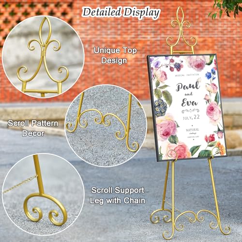61”H x 20”L x 24”W Metal Extra Large Free Standing Display Stand Easel, Gold Scroll Floor Easel Stand for Sign Wedding Mirror Picture Frame, with Adjustable Chain