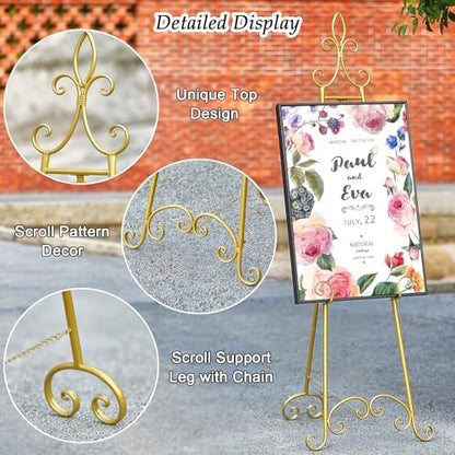 61”H x 20”L x 24”W Metal Extra Large Free Standing Display Stand Easel, Gold Scroll Floor Easel Stand for Sign Wedding Mirror Picture Frame, with Adjustable Chain