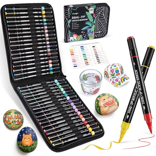JusArt 36 Colors Acrylic Paint Markers Set with Canvas Bag, Dual Tips with Brush Tip & Fine Tip, No-Bleed, Waterproof, Non-Toxic & Odorless Paint Pens for Rock, Egg, Wood, Canvas, Glass, Ceramic, DIY - color: Canvas Bag - 36 Colors
