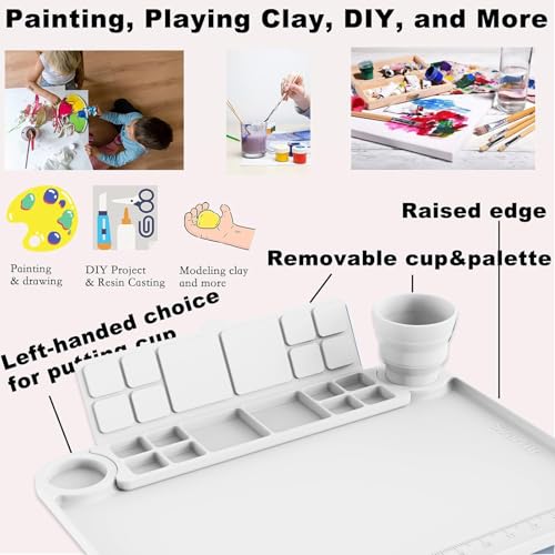 Svartur Silicone Painting Mat with Cup and Palette Removable, 17"X13" Thick Silicone Art Mat for Craft with Raised Edge for Resin DIY Making, White - color: White