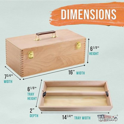 U.S. Art Supply Multi-Function Artist Supply Box with Locking Clasps & Removable Tray - Wooden Art Box for Artist Supplies, Brushes, Pencils, Erasers, Tool Storage Organizer Case