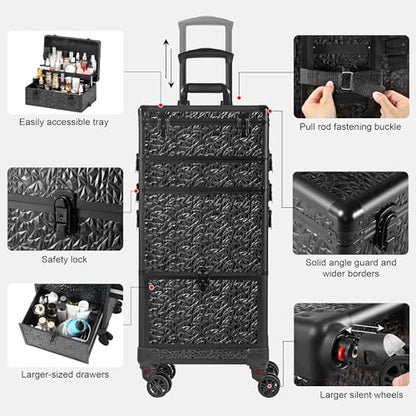 Rolling Makeup Case with Large Drawer, Makeup Train Case with Tray, Cosmetology Case on Wheels, Travel Makeup Case Organizers, Professional for Salon Barber, Nail, Tattoo, Black - color: Black, style: No Mirror