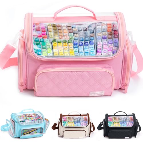 Large Marker Organizer Case Holds 200-300 Markers | Art Marker Storage Bag with Removable Dividers & Clear Top for Artists, Crafters & Travel - Pen, Pencil Alcohol Marker Holder - Art Supply - color: Pink, size: Large for 200-300 Markers