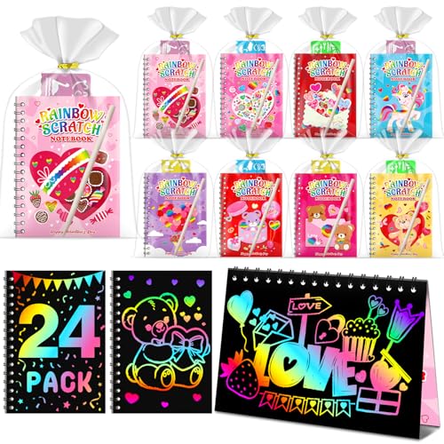 Scratch Art Party Favors for Kids: 24 Pack Valentines Rainbow Scratch Art Notebook Classroom School Party Supplies Bulk for Girls Boys Goodie Bags Stuffers, Valentines Day Gifts for Kids Classroom - style: 24 Pack Valentines
