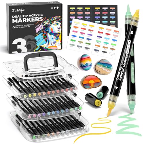 JusArt 36 Colors Automatic Ink Control Acrylic Paint Markers, Dual Tip with Broad Tip and Brush Tip Pens for Ceramic, Wood, Canvas, Glass, Stone, Fabric, Rock Painting, DIY Crafts Art Supplies Kit - color: 36 Colors