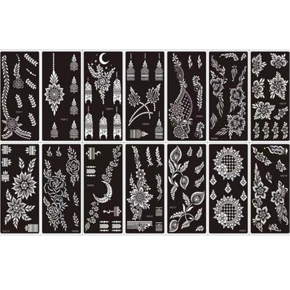Xmasir 14 Sheets Henna Tattoo Stencils Kit, Flower Temporary Tattoos Template Airbrush Indian Hands Forearm Body Art Tattoos for Girls and Women Wedding and Party - size: 14P