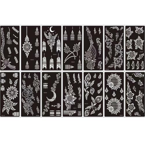 Xmasir 14 Sheets Henna Tattoo Stencils Kit, Flower Temporary Tattoos Template Airbrush Indian Hands Forearm Body Art Tattoos for Girls and Women Wedding and Party - size: 14P