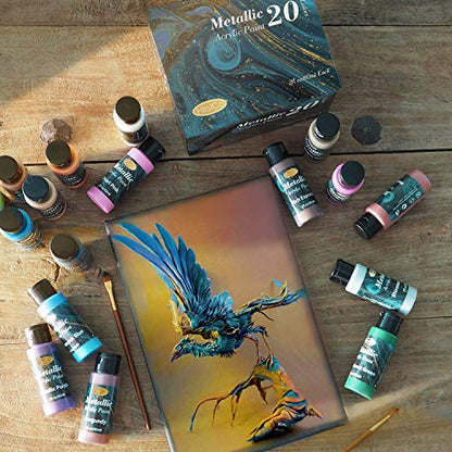HissiCo Metallic Acrylic Paint Set of Premium 20 Colors, Professional Grade Metallic Paint with 2fl oz（60ml） Bottles, Non-Toxic, Rich Pigments - For Artists, Hobby Painters, Kids - style: 20 Colors