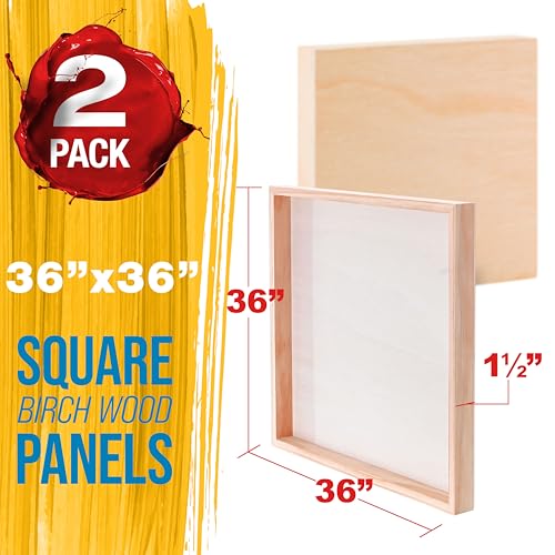 U.S. Art Supply 36" x 36" Unfinished Cradled Wood Panels for Painting, Gallery 1-1/2" Deep (2 Pack) - Artist Depth Wooden Wall Canvases - Mixed-Media Craft, Acrylic, Oil, Encaustic, Paint Pouring - size: 36" x 36", style: Square