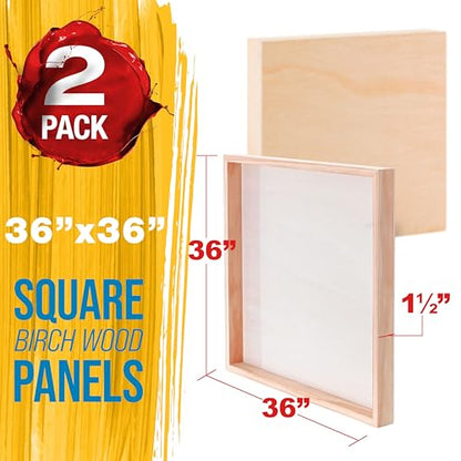 U.S. Art Supply 36" x 36" Unfinished Cradled Wood Panels for Painting, Gallery 1-1/2" Deep (2 Pack) - Artist Depth Wooden Wall Canvases - Mixed-Media Craft, Acrylic, Oil, Encaustic, Paint Pouring - size: 36" x 36", style: Square